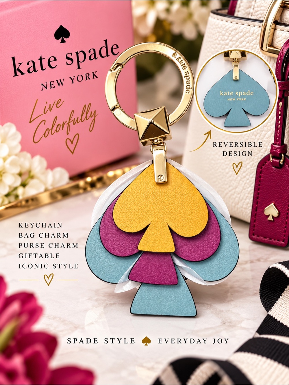 Kate Spade Seaside Stacked Spade Leather Bag Charm Keychain Reversible Multicolo